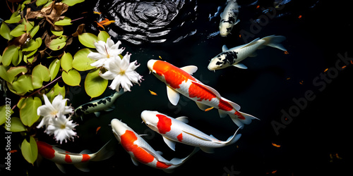 Top down shot of koi carps swimming in pond