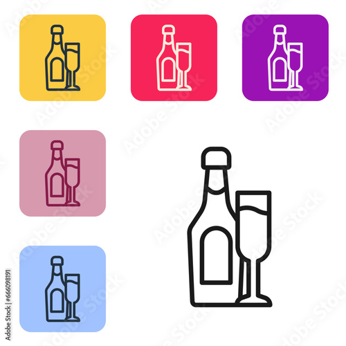 Black line Champagne bottle with glass icon isolated on white background. Set icons in color square buttons. Vector