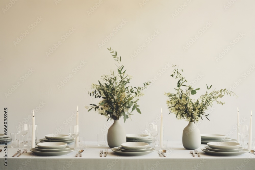 Minimalist white and green tablescape with eucalyptus in vase and candles