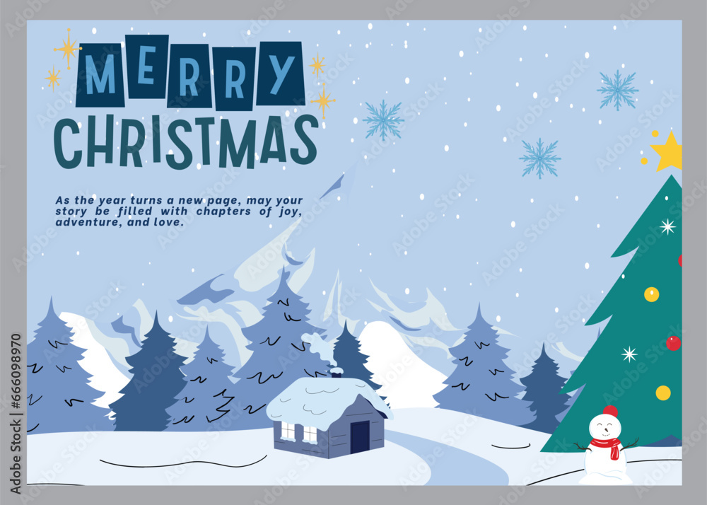 Greeting holiday card. Merry Christmas and Happy New Year, Happy Christmas companions, Christmas and New Year Typographical on shiny Xmas background with winter landscape with snowflakes, light, stars