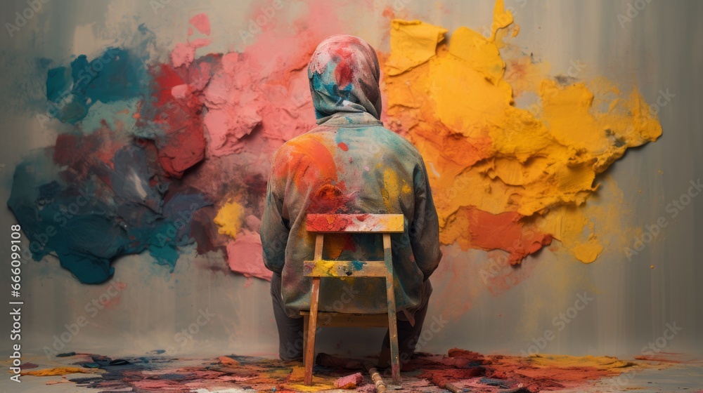 Poor artist sits and imagines the art he is about to create. - obrazy, fototapety, plakaty 