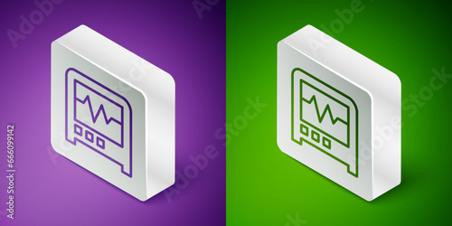 Isometric line Seismograph icon isolated on purple and green background. Earthquake analog seismograph. Silver square button. Vector