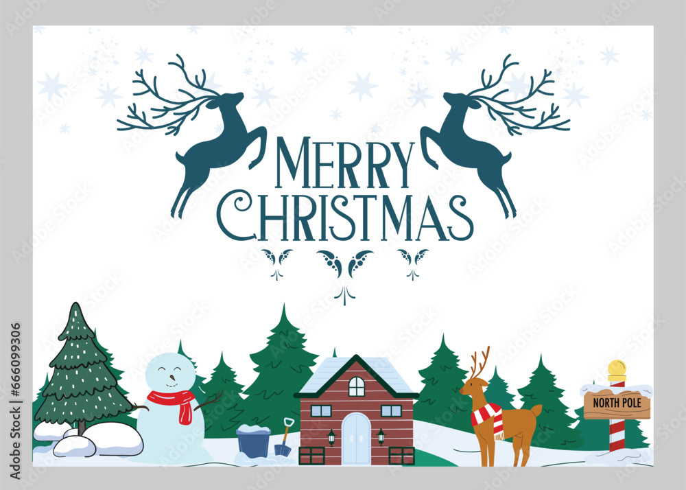 Greeting holiday card. Merry Christmas and Happy New Year, Happy Christmas companions, Christmas and New Year Typographical on shiny Xmas background with winter landscape with snowflakes, light, stars