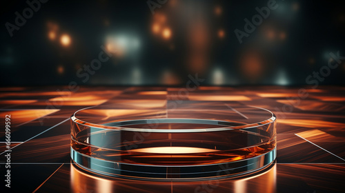 Fototapeta Naklejka Na Ścianę i Meble -  3D display glass podium and solid background. Glamour minimal glass pedestal for product presentation and advertisement. 