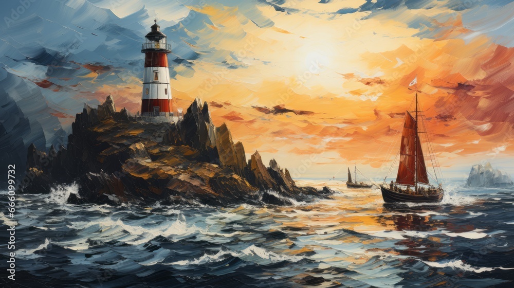Digital painting of coast with lighthouse and ocean. Made with Generative AI.	