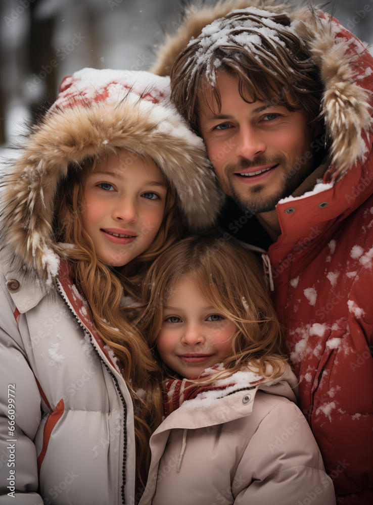 Obraz premium Modern Family Portraits, Winter Fun and Fashion Style: WinterFun. Captivating modern family portraits capturing the essence of winter fun and fashion. The family members are warmly dressed.