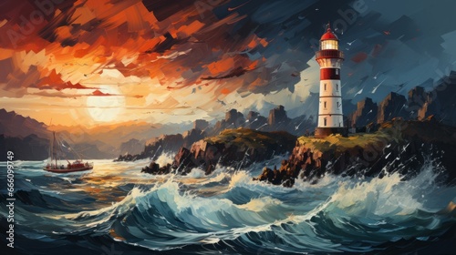 Digital painting of coast with lighthouse and ocean. Made with Generative AI. 
