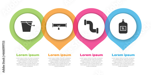 Set Bucket, Broken pipe with leaking water, Industry metallic pipe and Big bottle with clean water. Business infographic template. Vector