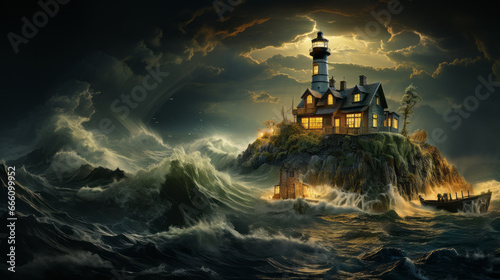 Illustration of lighthouse on a island surrounded by a stormy sea. Made with Generative AI. 