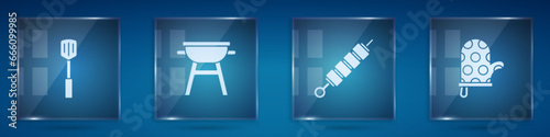 Set Barbecue spatula, grill, Grilled shish kebab and Oven glove. Square glass panels. Vector