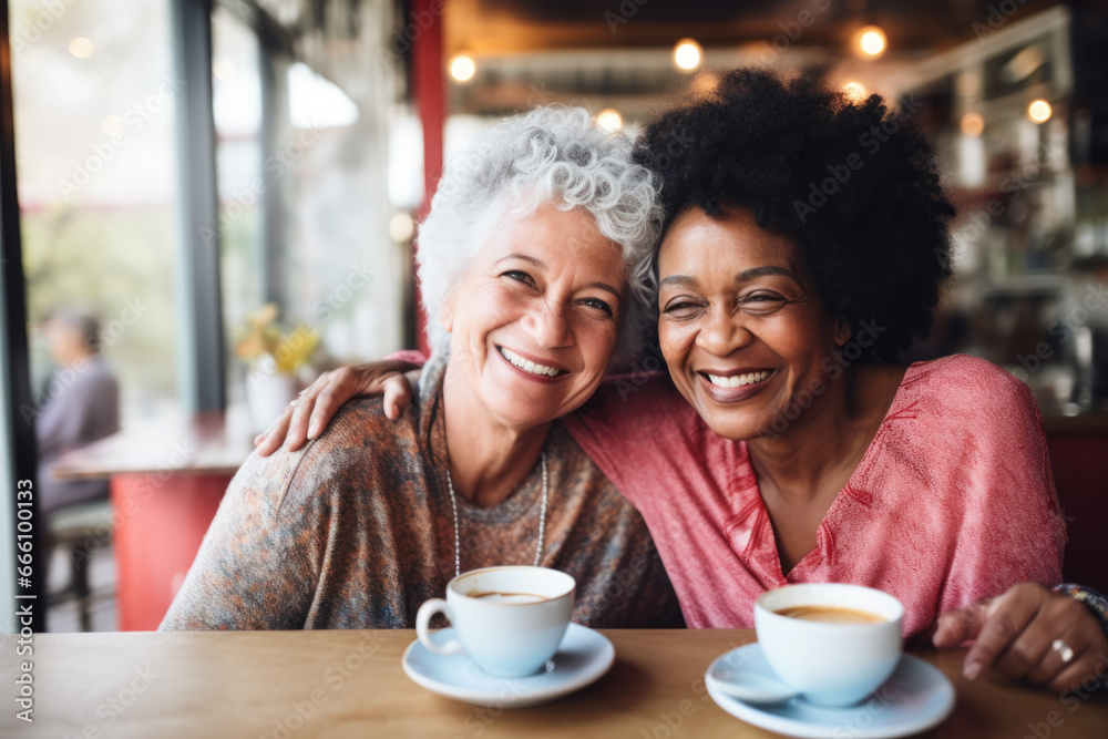 Happy smiling middle aged female friends sitting in a café laughing and giving support each other. They are celebrate a long friendship Happy smiling middle aged female friends sitting in a café laughing and giving support each other. They are celebrate a long friendship