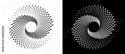 Spiral dotted background with triangles. Yin and yang style. Design element or icon. Black shape on a white background and the same white shape on the black side.