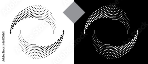 Spiral dotted background with rhombuses. Yin and yang style. Design element or icon. Black shape on a white background and the same white shape on the black side.