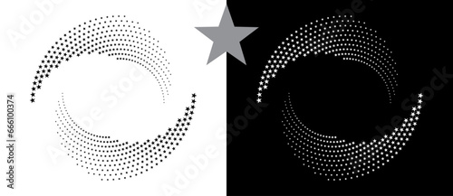 Spiral dotted background with stars. Yin and yang style. Design element or icon. Black shape on a white background and the same white shape on the black side. photo