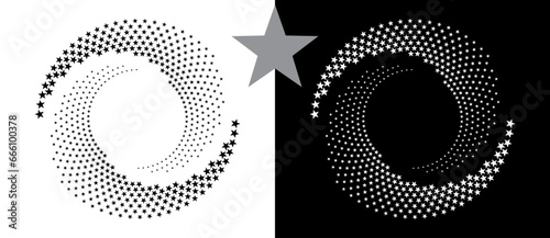 Spiral dotted background with stars. Yin and yang style. Design element or icon. Black shape on a white background and the same white shape on the black side.