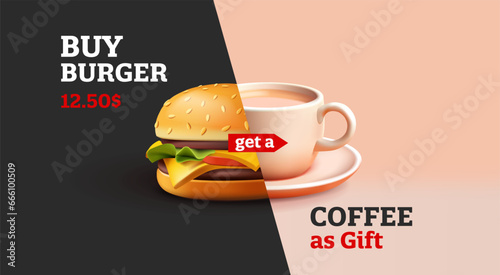 3d realistic render fast food banner with burger and coffee mug combined into one picture, special menu offer