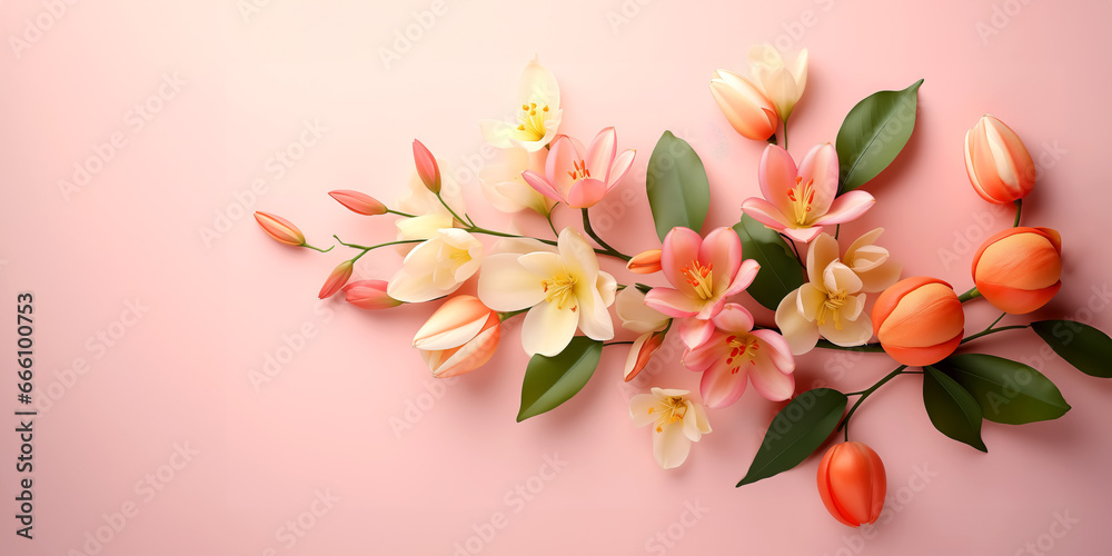 Tulips flowers with copy space on a pastel background