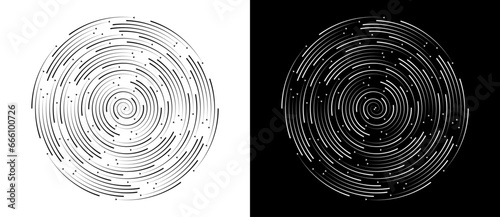 Abstract background with lines and dots in circle. Art design spiral as logo or icon. Black shape on a white background and white shape on the black side.