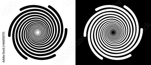 Abstract background with lines in circle. Art design spiral as logo or icon. A black figure on a white background and an equally white figure on the black side.