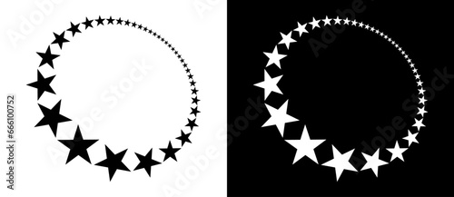 Abstract background with stars in circle. Art design circle as logo or icon. Black shape on a white background and the same white shape on the black side.