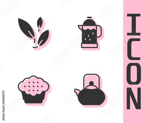 Set Kettle with handle, Tea leaf, Muffin and French press icon. Vector