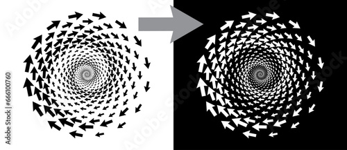 Abstract background with arrows in circle. Art design spiral as logo or icon. A black figure on a white background and an equally white figure on the black side.