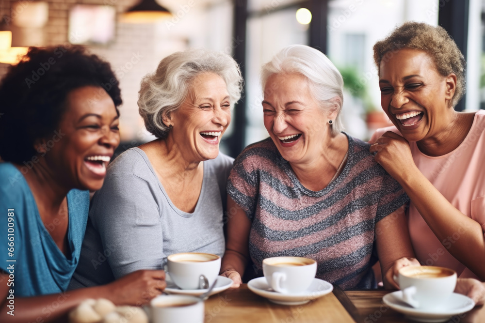 Happy smiling middle aged female friends sitting in a café laughing and giving support each other. They are celebrate a long friendship - obrazy, fototapety, plakaty 