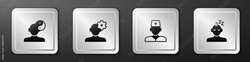 Set Yin Yang symbol, Solution problem psychology, Male doctor and Dreams icon. Silver square button. Vector Set Yin Yang symbol, Solution problem psychology, Male doctor and Dreams icon. Silver square button. Vector