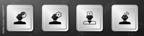 Set Yin Yang symbol, Solution problem psychology, Male doctor and Dreams icon. Silver square button. Vector