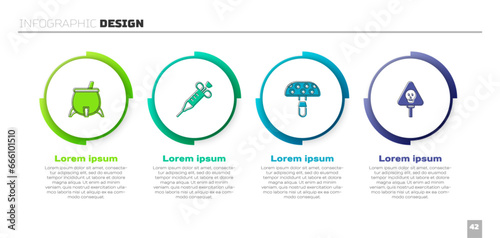 Set Witch cauldron, Syringe, Fly agaric mushroom and Bones and skull. Business infographic template. Vector