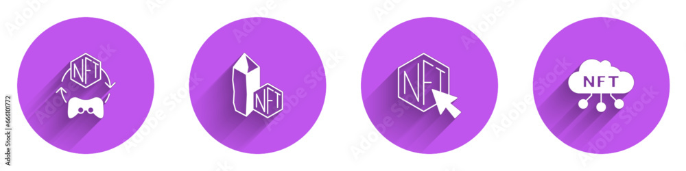 Set NFT Digital crypto art, and cloud icon with long shadow. Vector - obrazy, fototapety, plakaty 