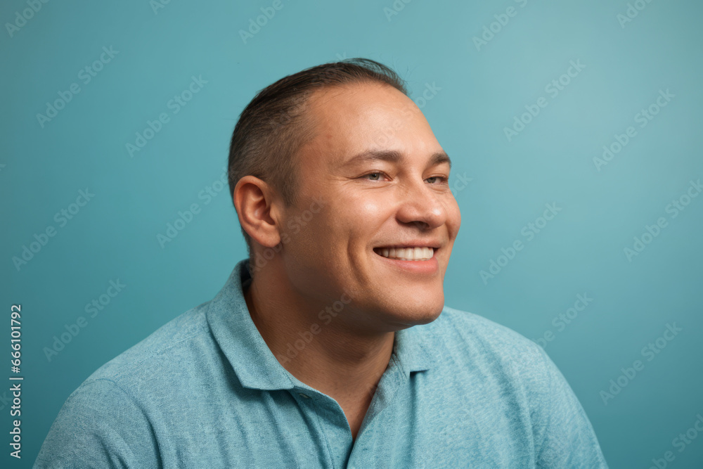 Everyday people. A smiling man with bad teeth. Receding hairline. Wearing a blue shirt. On a blue background. Creepy. Portrait. Everyday people. A smiling man with bad teeth. Receding hairline. Wearing a blue shirt. On a blue background. Creepy. Portrait.