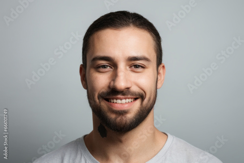 Everyday people. A smiling man with a short beard. Wearing a t-shirt. On a light background. Friendly man. Down-to-earth and approachable. Portrait.