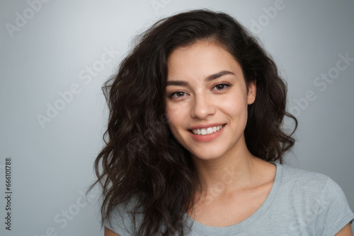 Everyday people. A smiling woman with long brown wavy hair. Wearing a grey shirt. Natural pretty woman. On a grey background. Healthy glow. Portrait. © Delta Amphule