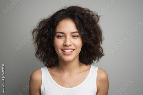 Everyday people. A smiling woman with long brown wavy hair with volume. Wearing a white shirt. Exposed shoulders. Confident and pretty woman. On a grey background. Portrait.