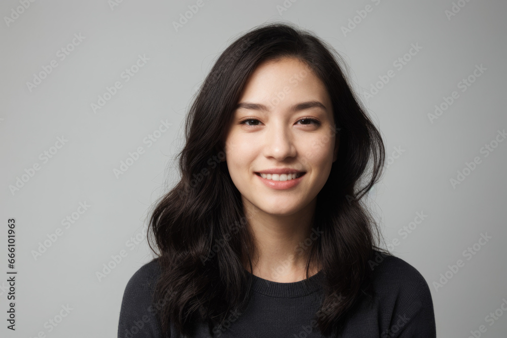 Everyday people. A smiling Korean woman with long brown wavy hair over her shoulder. Wearing a dark tshirt. Pretty woman. University student. On a light grey studio background. Portrait. Everyday people. A smiling Korean woman with long brown wavy hair over her shoulder. Wearing a dark tshirt. Pretty woman. University student. On a light grey studio background. Portrait.