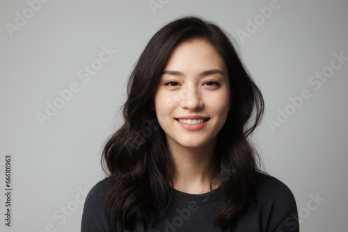 Everyday people. A smiling Korean woman with long brown wavy hair over her shoulder. Wearing a dark tshirt. Pretty woman. University student. On a light grey studio background. Portrait.