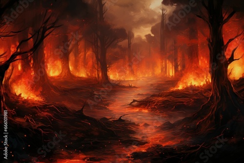Destructive Burning forest. Night nature flame. Generate Ai