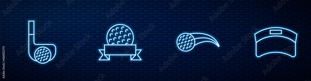 Set line Golf ball, club with, and Sun visor cap. Glowing neon icon on brick wall. Vector - obrazy, fototapety, plakaty 