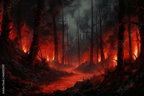 Uncontrollable Burning forest. Night nature flame. Generate Ai
