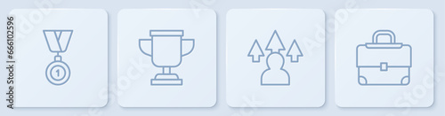 Set line Medal, Front end development, Award cup and Briefcase. White square button. Vector