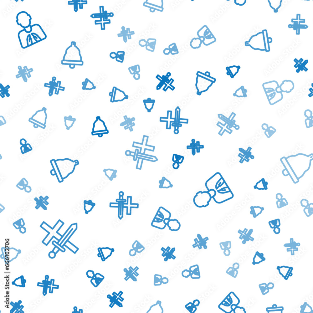 Set line Crusade, Hands in praying position and Church bell on seamless pattern. Vector