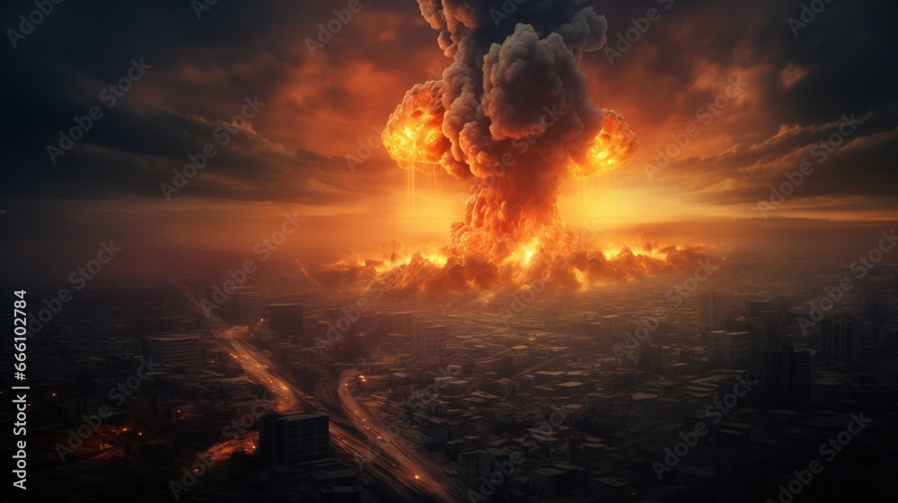 Airstrike on the city, burning houses. nuclear explosion, misery and ominous concept, dim theme