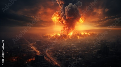 Airstrike on the city  burning houses. nuclear explosion  misery and ominous concept  dim theme