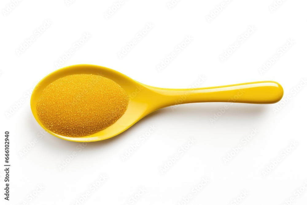 A yellow spoon filled with uniform yellow spheres on a white background.