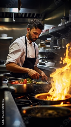 Chef Cooking with Fire in a Restaurant Kitchen