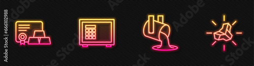 Set line Molten gold being poured, Gold bars with certificate, Safe and nugget. Glowing neon icon. Vector