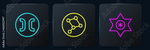 Set line Pisces zodiac, Falling star and Great Bear constellation. Black square button. Vector