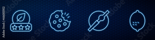 Set line Cigarette, Tea leaf, Cookie or biscuit and Lemon. Glowing neon icon on brick wall. Vector