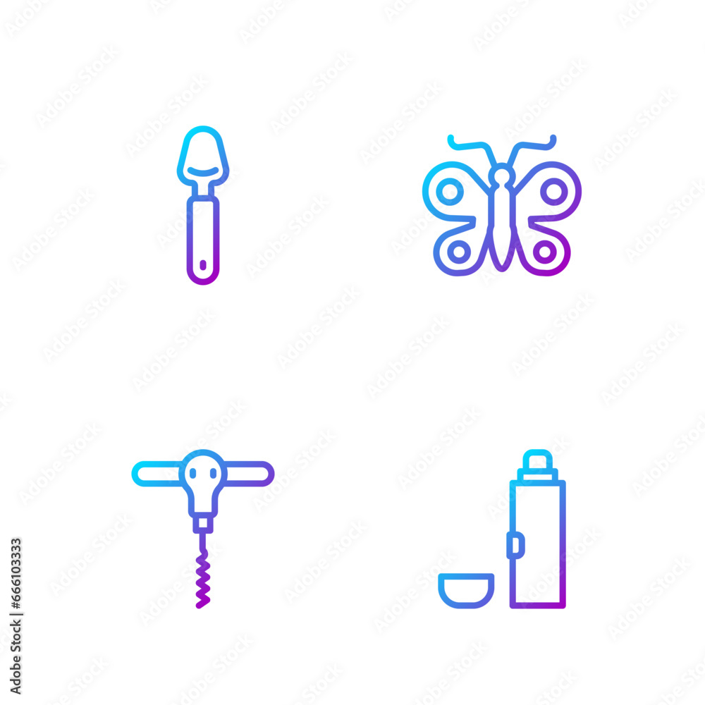 Set line Thermos container, Wine corkscrew, Spoon and Butterfly. Gradient color icons. Vector Set line Thermos container, Wine corkscrew, Spoon and Butterfly. Gradient color icons. Vector